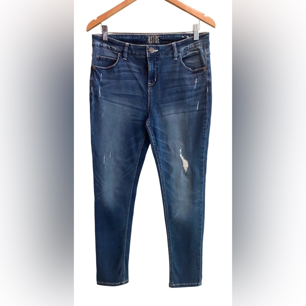 Justice: Blue Mid Rise Super Skinny Jeans with Distressed Detailing